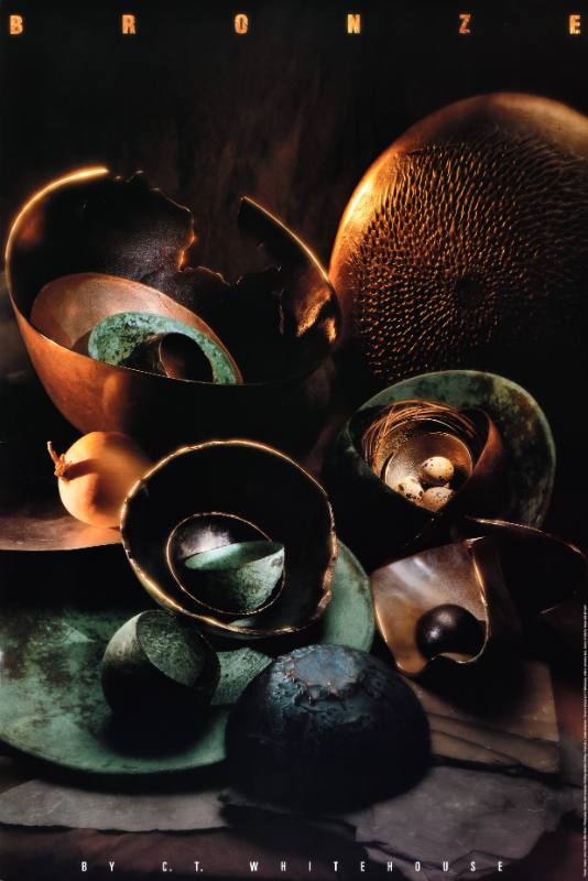 A poster of a stack of broken bronze bowls on a black background