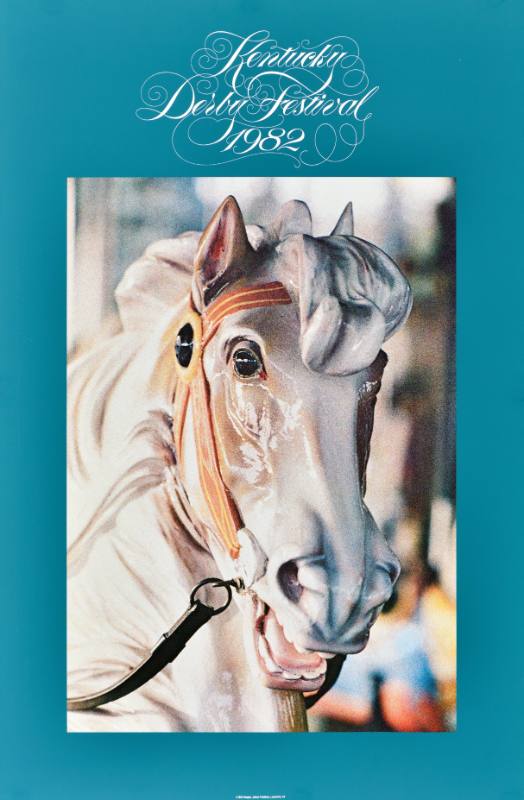 A poster of a plastic horse on a blue background
