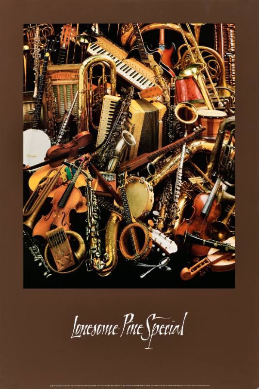 A poster of a crowded pile of instruments on a brown background