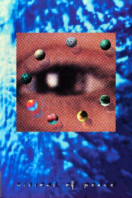 A poster of an eye made out of tiny colorful dots on a blue background