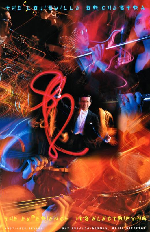 A poster of musicians playing instruments connected by neon swirling lines