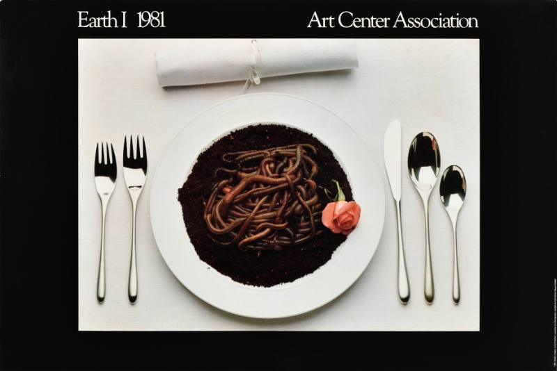 A poster of a fancy plate setting with earthworms inside the bowl