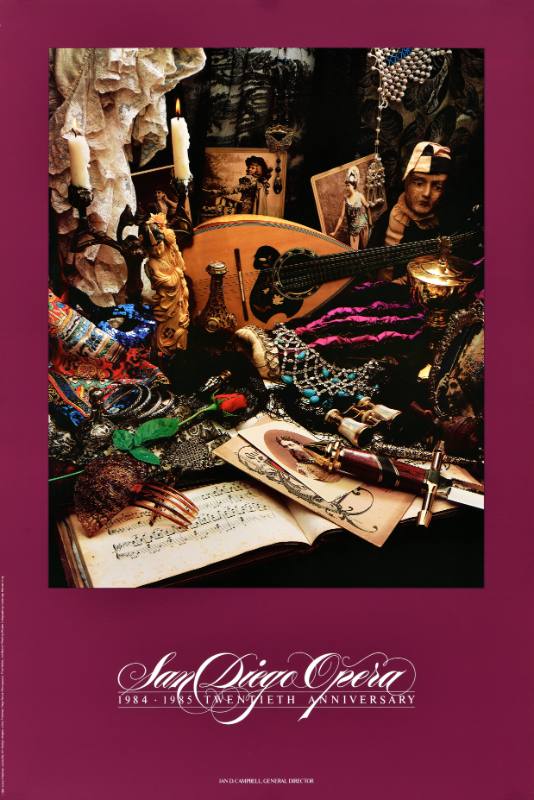A poster of opera costumes, drawings, instruments, and sheet music on a purple background