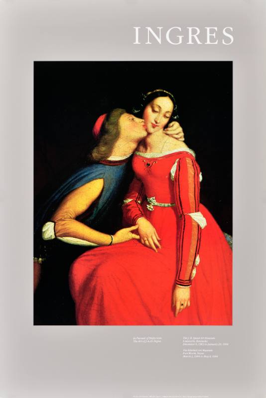 A poster featuring a Renaissance painting of a man and a woman embracing on a grey background