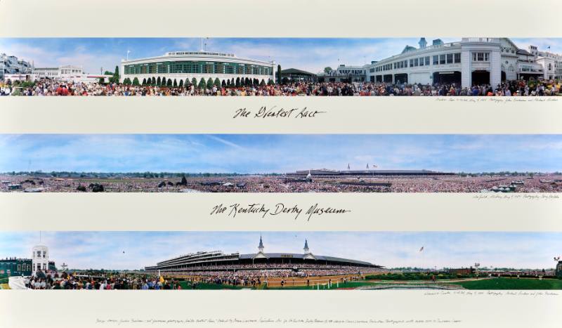 A poster of a racetrack in three views separated by white bars