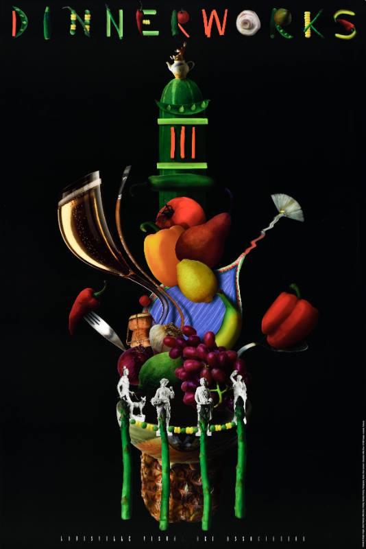 A poster of a colorful sculpture made out of food