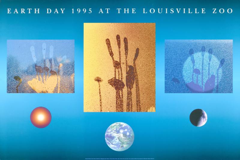 A poster of three handprints on a blue background