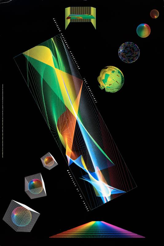 A poster of rainbow geometric shapes on a black background