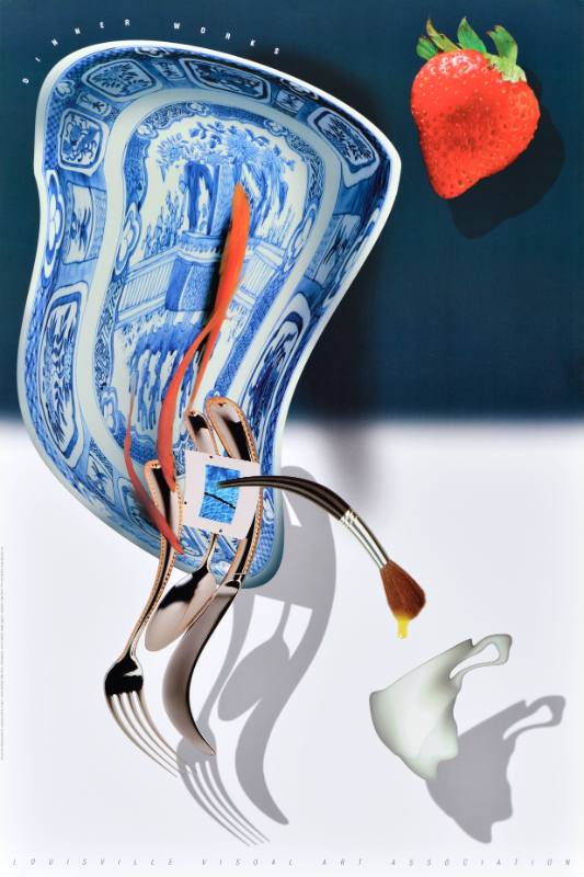 A poster of a melting plate with a strawberry hovering next to it