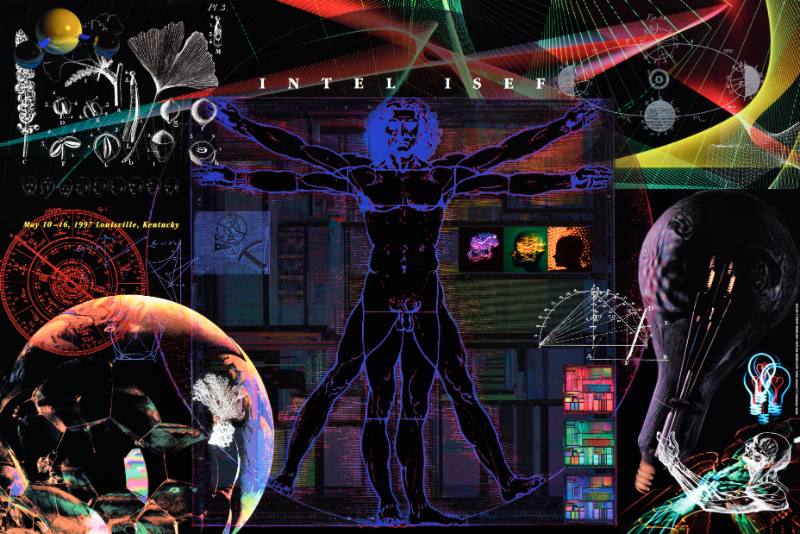 A poster of rainbow scientific diagrams on a black background