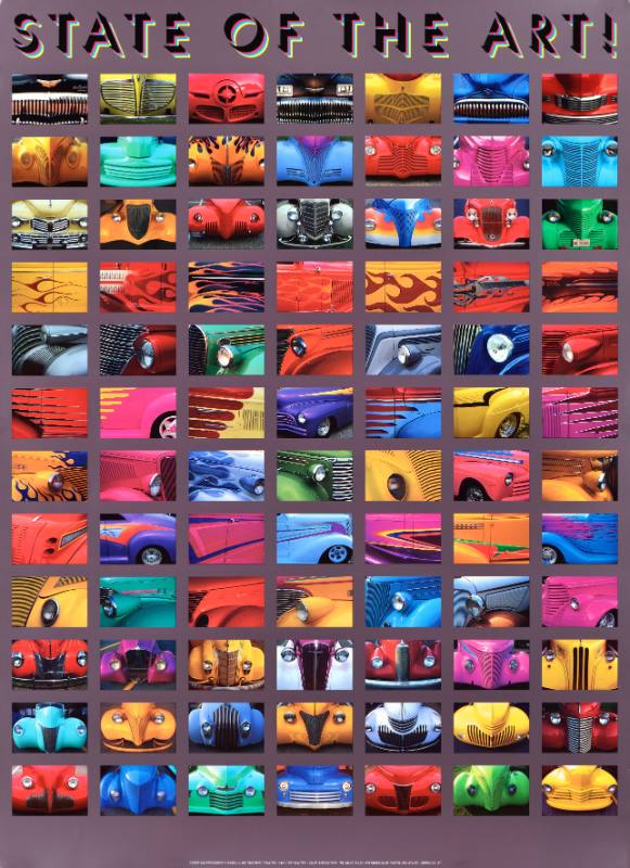 A poster of a grid of close up photographs of car parts on a pink background