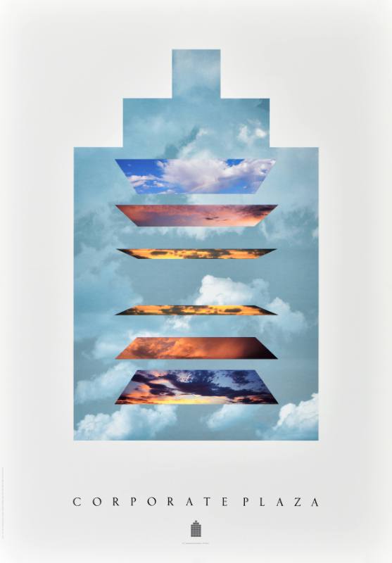 A poster of an abstract grid of colorful squares stacked on top of one another