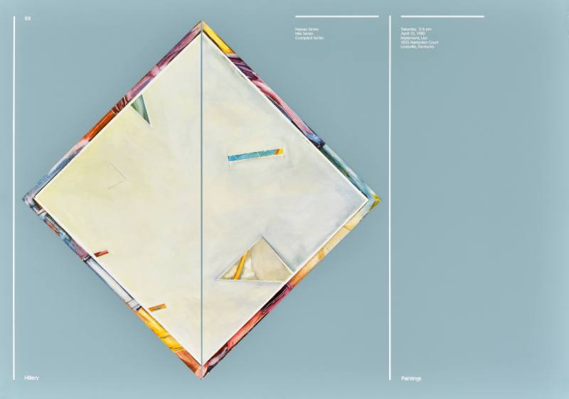 A poster of abstract squares on a grey background