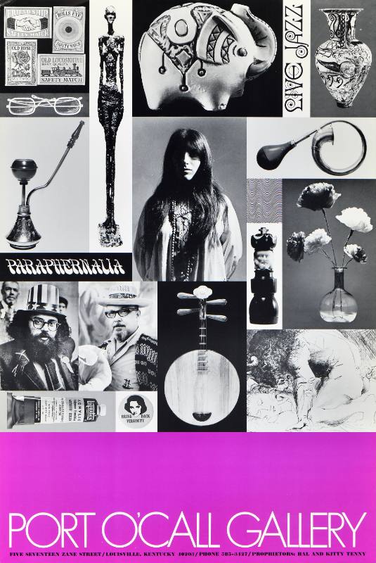 A poster with a psychedelic collage above swirling text on a purple background