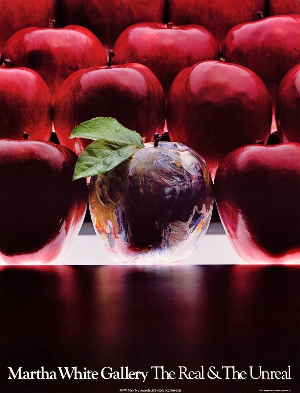 A poster of a grid of shiny red apples with one apple made out of glass