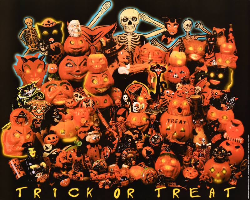 A poster of orange Halloween decorations on a black background