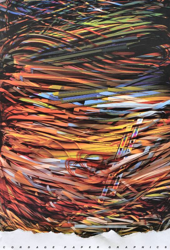 A poster of ribbons of colorful cut paper woven together in a pile
