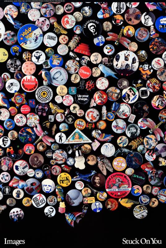 A poster of a crowded collage of buttons