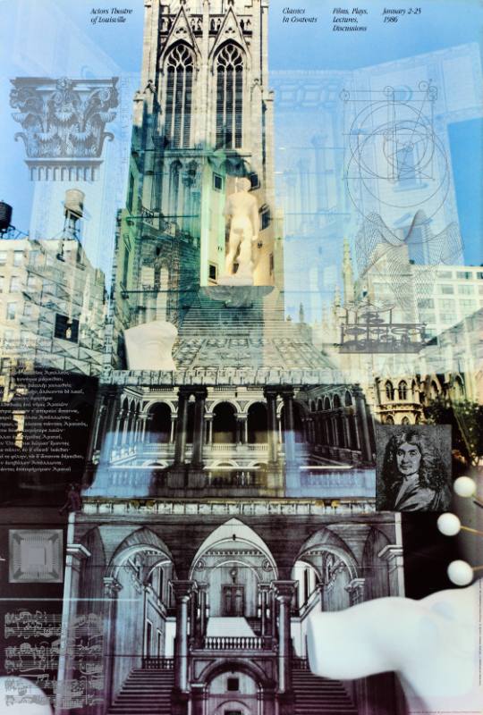 A poster of a museum with art superimposed on top of it against a blue sky
