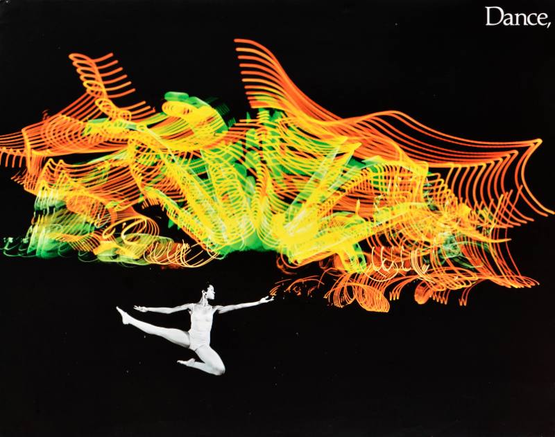 A poster of a dancer with neon swirling lines above her
