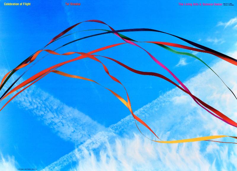 A poster of colorful ribbons flying on a blue background