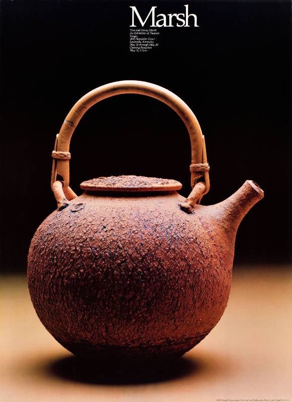 A poster of a metal teapot on a black background