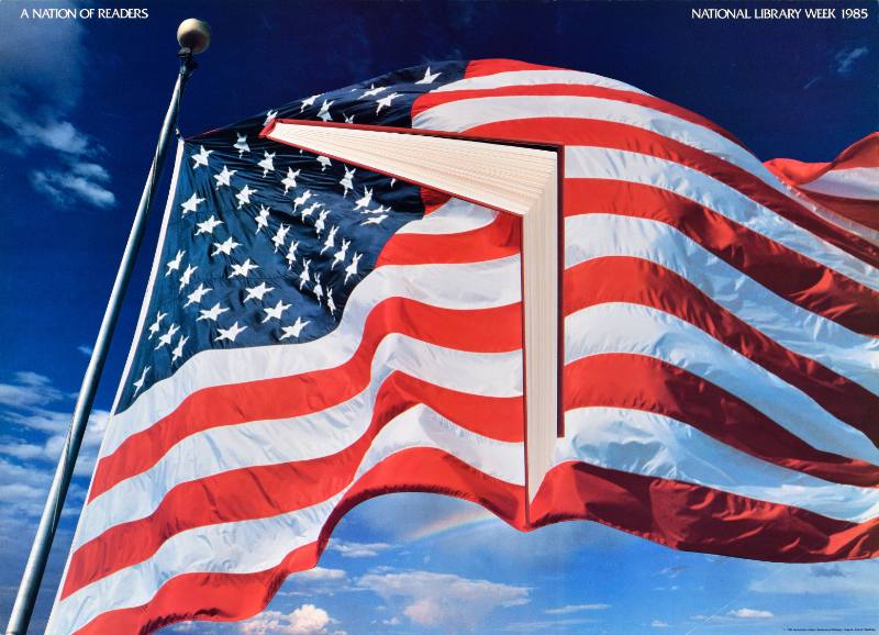 A poster of a book flying on top of an American flag
