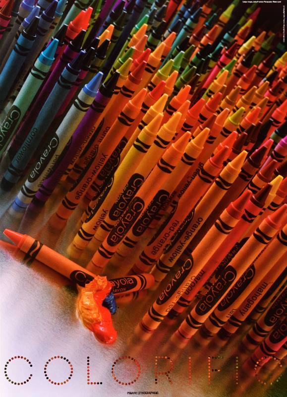 A poster of a crowded display of crayons standing upright