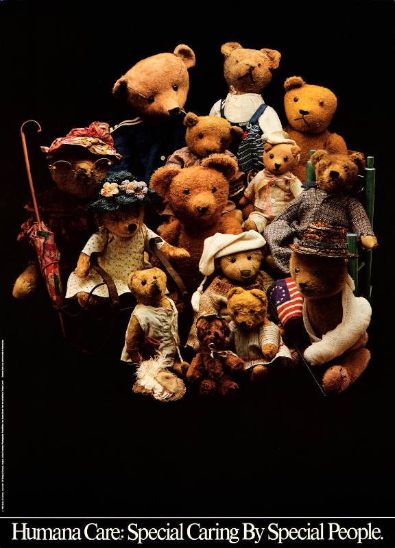 A poster of teddy bears gathered together in a family portrait