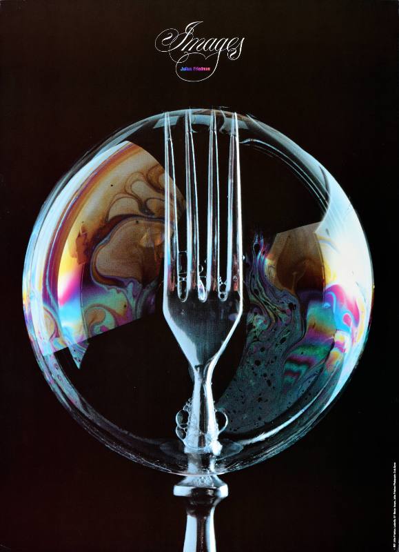A poster of a fork puncturing a bubble on a black background