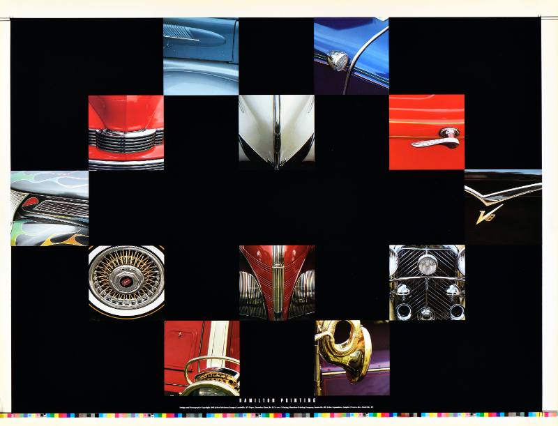 A poster of close up photographs of car parts on a black background