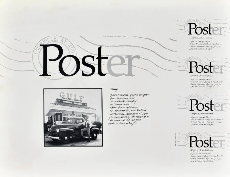 A poster of a truck at a gas station printed on a postcard