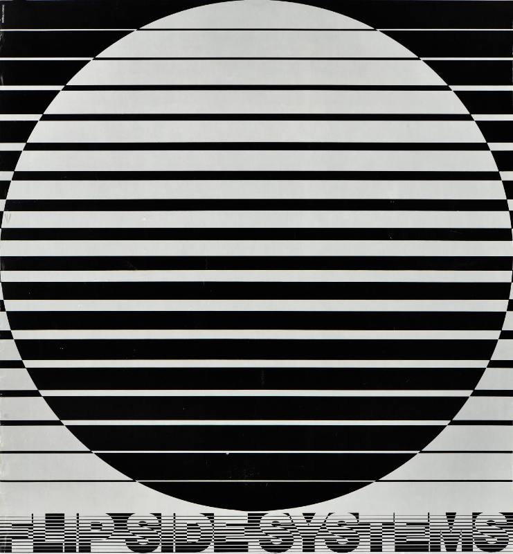 A poster of a geometric black and white circle made out of stripes