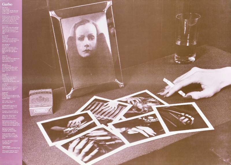 A poster of a woman's hand with a cigarette next to an array of photographs