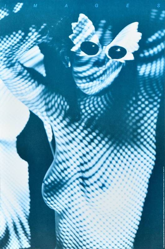A poster of a nude woman in sunglasses printed in neon blue