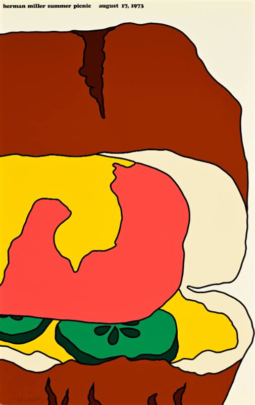 A poster of a close up view of a geometric hot dog on a bun with mustard and pickles