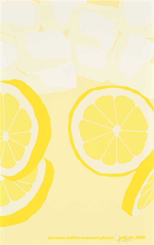 A poster of a close up view of geometric lemon slices inside a glass of lemonade