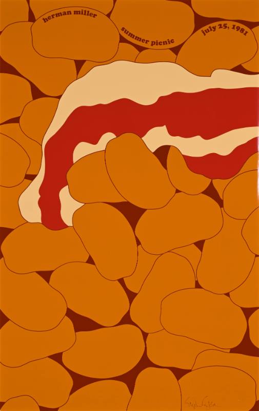 A poster of a close up view of slice of bacon surrounded by beans