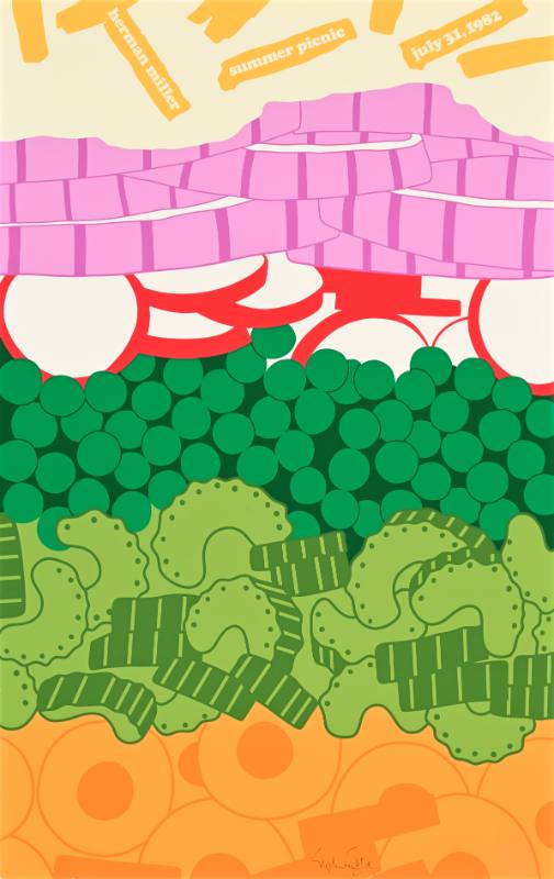 A poster of a close up view of a layered salad made of onions, raddishes, peas, celery, and carrots