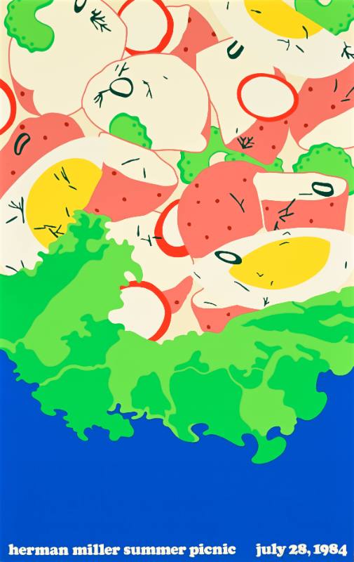 A poster of a close up view of a salad made of potatoes and eggs