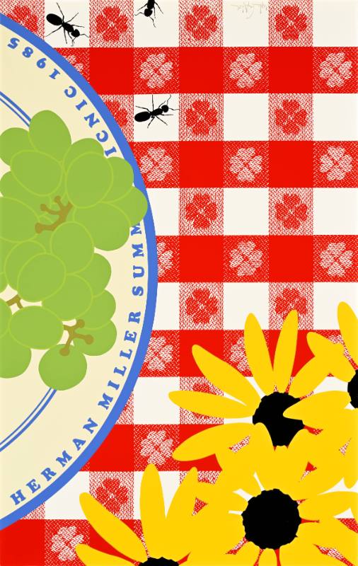 A poster of a checkered picnic blanket covered in grapes, sunflowers, and ants