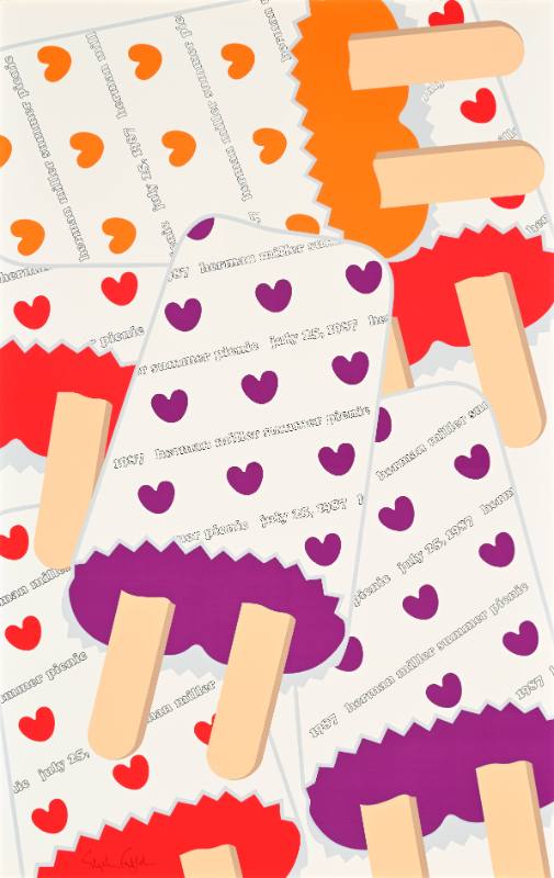 A poster of a close up view of geometric popsicles with hearts on the wrappers