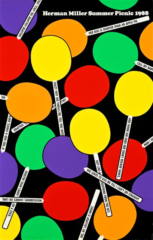 A poster of colorful geometric lollipops with song lyrics printed on the sticks