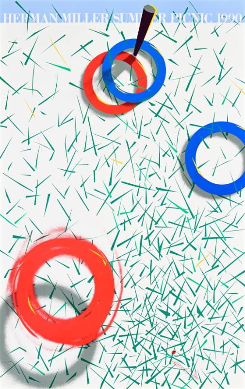 A poster of a colorful ring toss game on geometric green grass