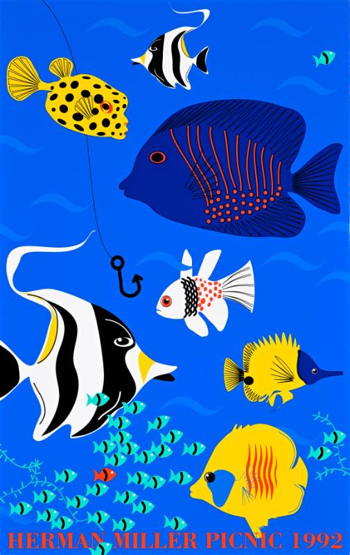 A poster of cartoon fish swimming in an ocean next to a fish hook