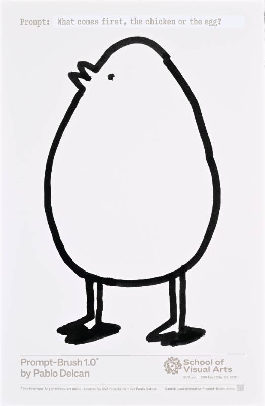 A poster of a cartoon chicken shaped like an egg made out of bold lines