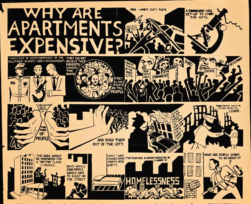 A poster of cartoon images of people protesting
