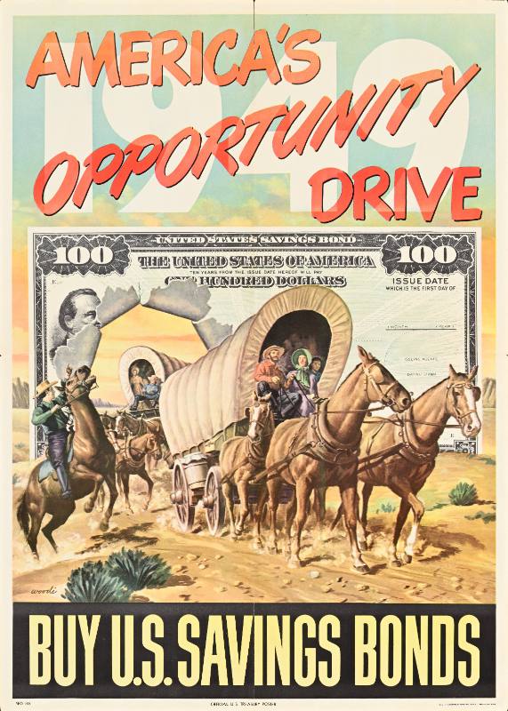 A poster of horses drawing a covered wagon in between two lines of bold text