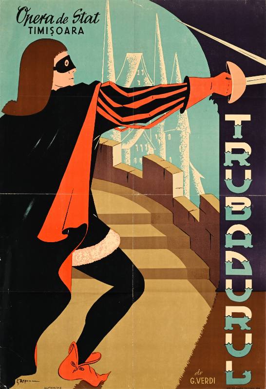 A poster of a man with a mask holding a sword out on top of a castle tower