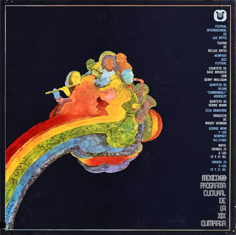 A poster of a rainbow earth with a trail coming off of it on a blue background